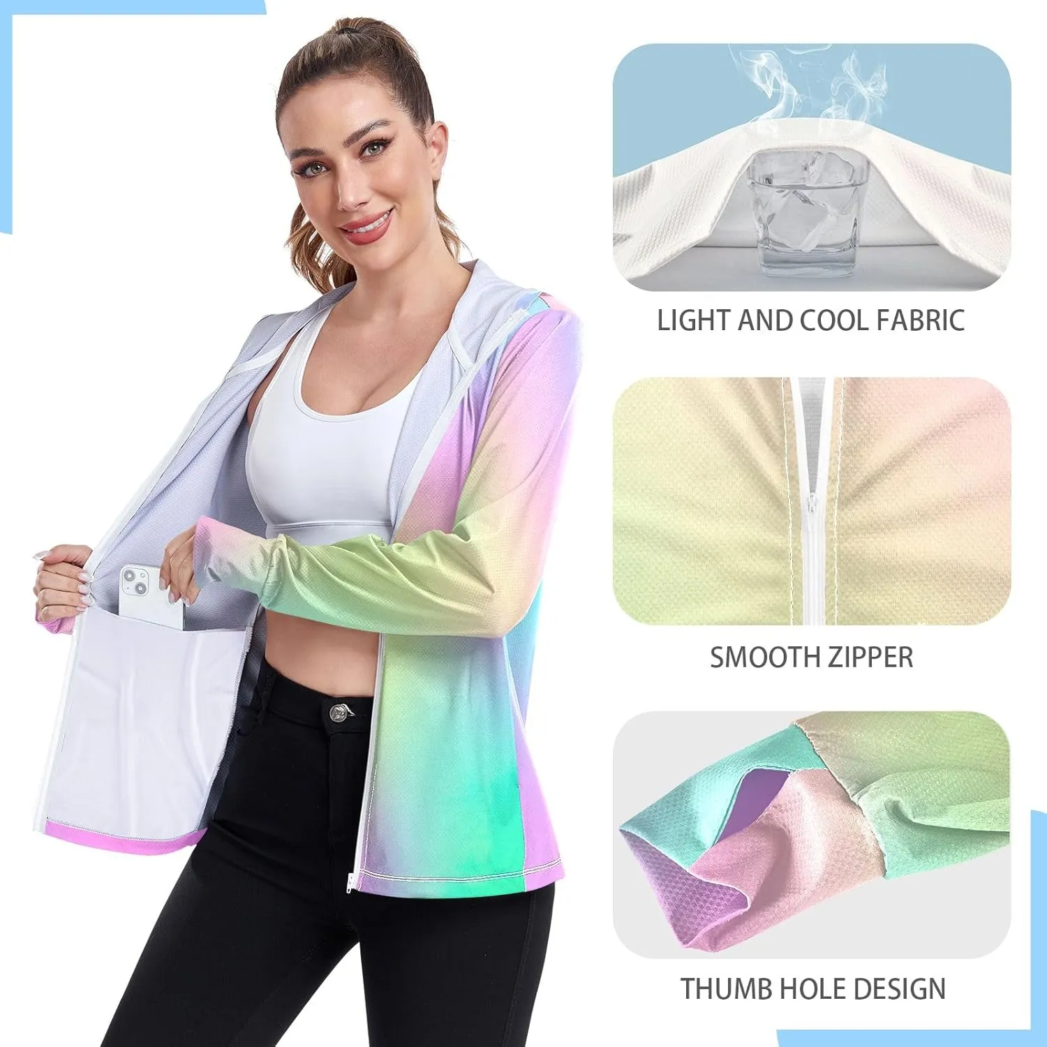 GAIGEO Pastel Rainbow Blur Gradient Hooded Jacket Women, UPF 50  UV Jacket Sun Protection, Quick Dry Womens Running Jacket, S
