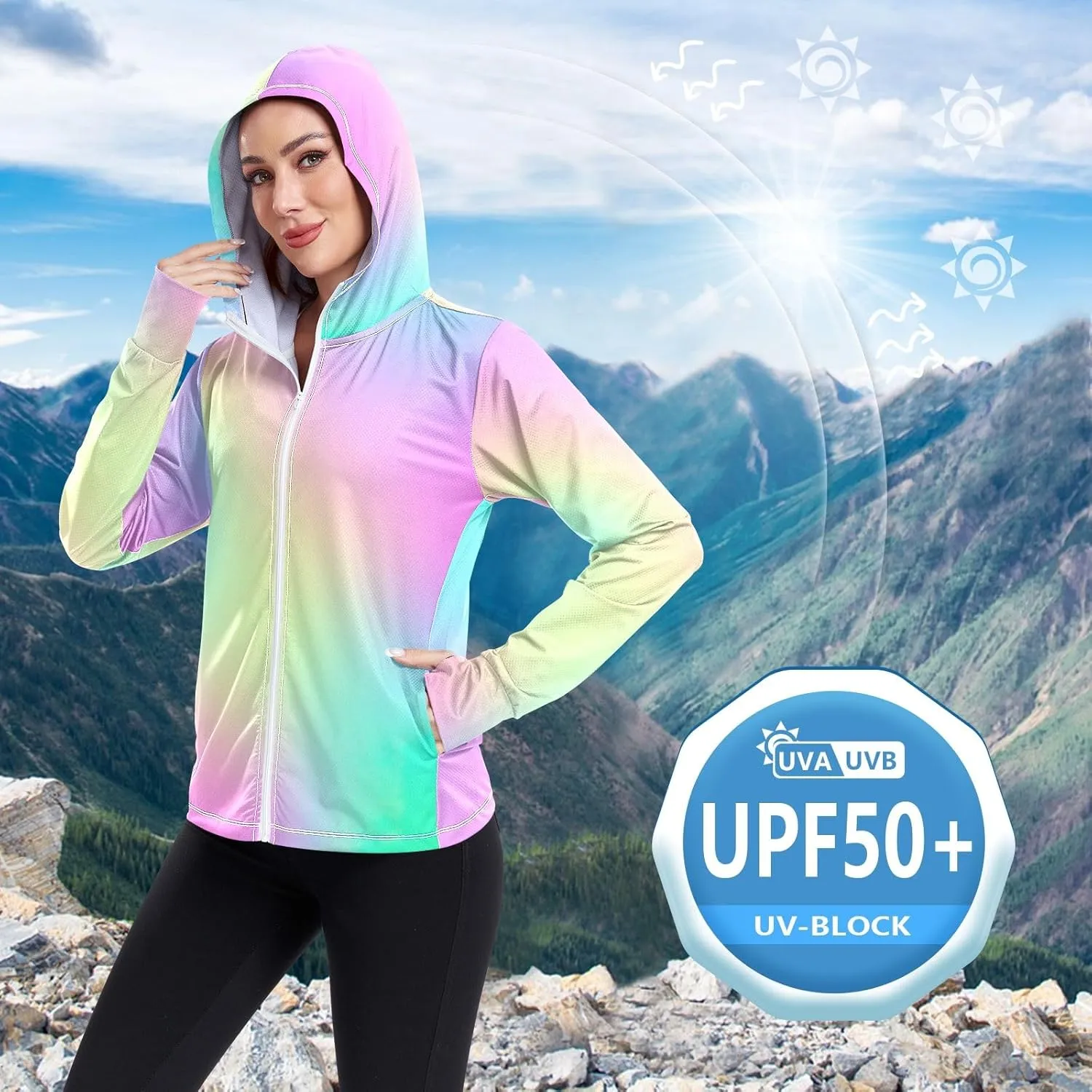 GAIGEO Pastel Rainbow Blur Gradient Hooded Jacket Women, UPF 50  UV Jacket Sun Protection, Quick Dry Womens Running Jacket, S