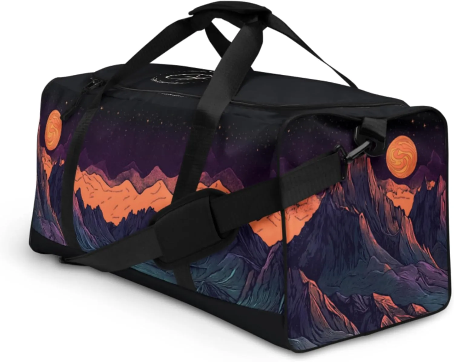 Galaxy AOP Landscape Duffle Bag -Cosmic Mountain Design, Stylish Overnight Duffel Bag, Durable Travel Tote, Gym Bag for Nature & Space Lover