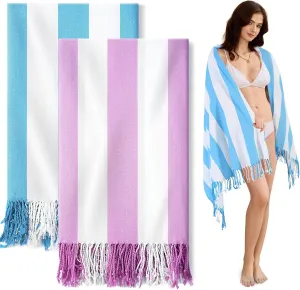 Genovega 2 PacksOversized Turkish Beach Towels 74"x38" Thin Quick Dry Sand Free Pool Swim Bathing Towel Extra Large Blanket Adult Travel Essentials Accessories Summer Vacation Blue Purple Stripe