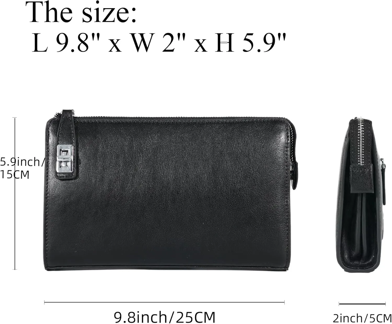 Genuine Leather Men Clutch Bags Purse Handbags Business Zipper Wallet Travel Bag (black)
