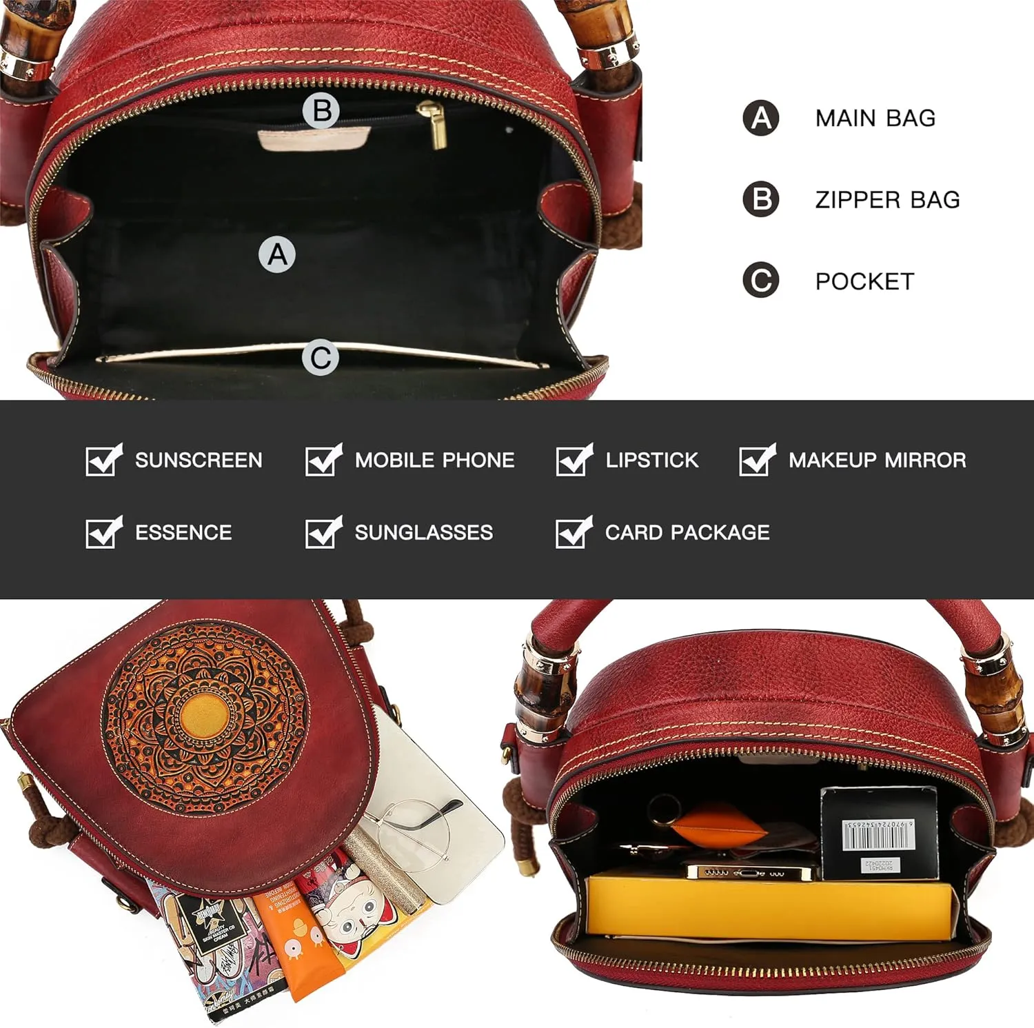 Genuine Leather Pocketbooks for Women, Retro Organizer Top Handle Satchel Totem Leather Handbag Ladies