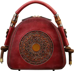 Genuine Leather Pocketbooks for Women, Retro Organizer Top Handle Satchel Totem Leather Handbag Ladies