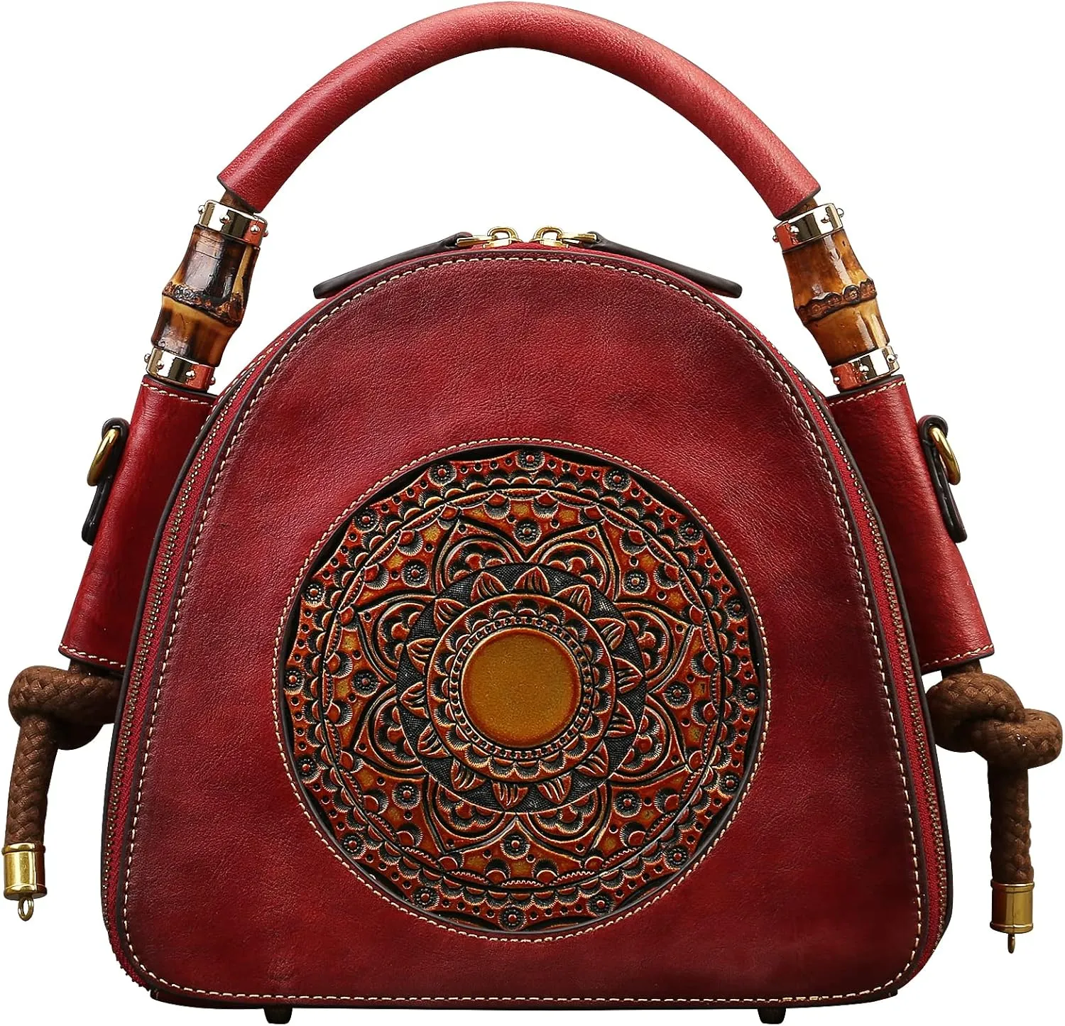 Genuine Leather Pocketbooks for Women, Retro Organizer Top Handle Satchel Totem Leather Handbag Ladies