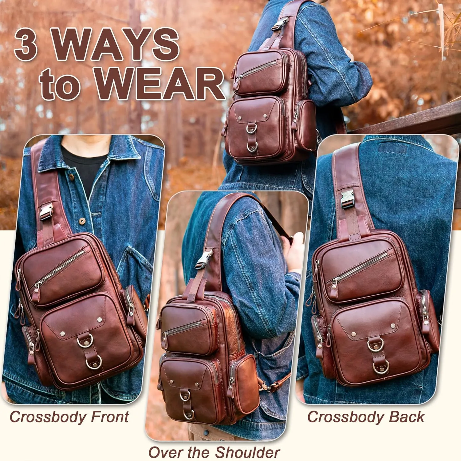 Genuine Leather Sling Bag for Men Large Crossbody Shoulder Bag Casual Sling Backpack Anti-Theft Travel Chest Purse