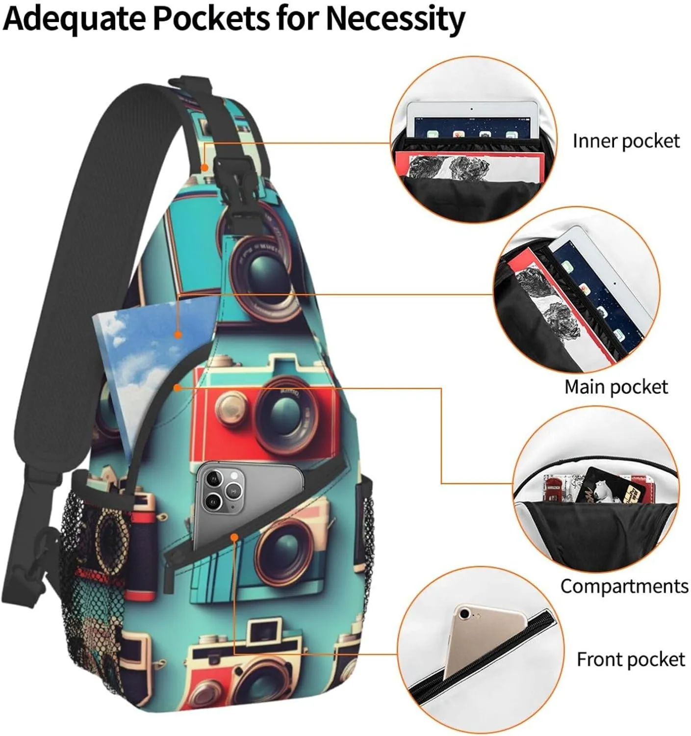 GeRRiT Retro Cool Camera Collection Print Small Backpack Sling Bag For Women Men, Chest Bag Daypack Crossbody For Travel Sport, SB-122