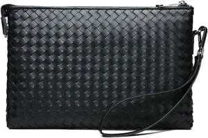 GHUHUALXTide Men's Bag Receiving Clutch Black Leather Woven Men's Handbag Soft Leather Envelope Bag Business Fashion Cowhide Clutch Bag Horizontal Male