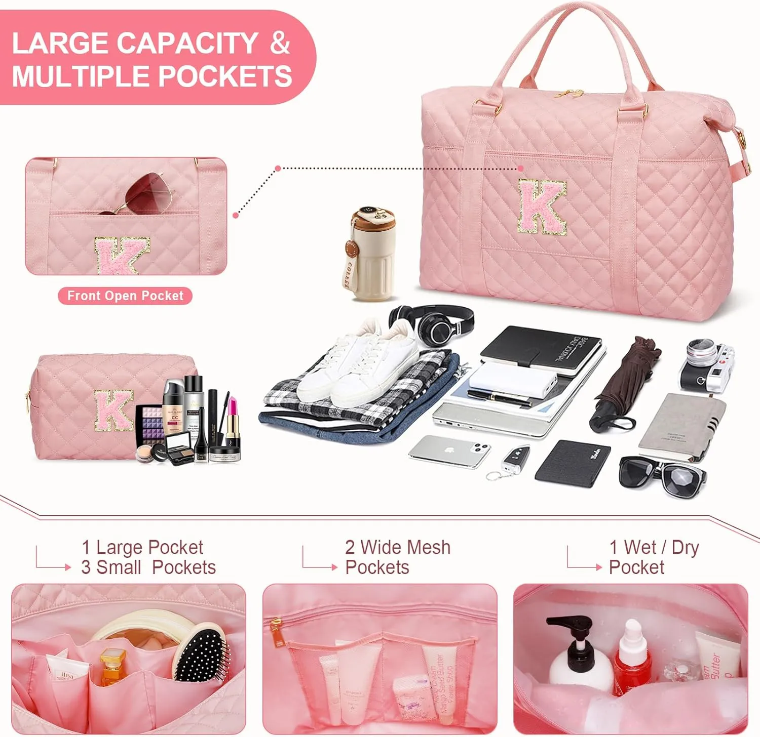Gift for Women, Initial Travel Duffel ＆ Weekender Bag for Girls, Personalized Carry On Overnight Bag with Makeup Pouch for Gym Hospital(Pink,K)
