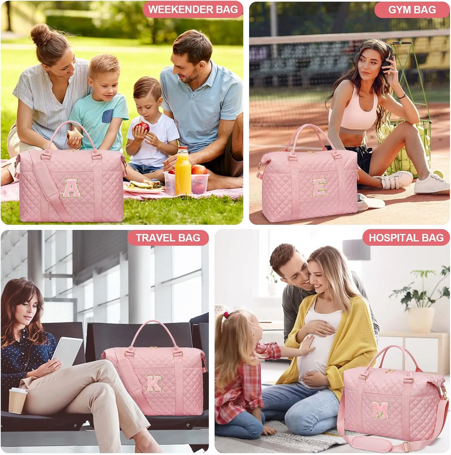 Gift for Women, Initial Travel Duffel ＆ Weekender Bag for Girls, Personalized Carry On Overnight Bag with Makeup Pouch for Gym Hospital(Pink,K)