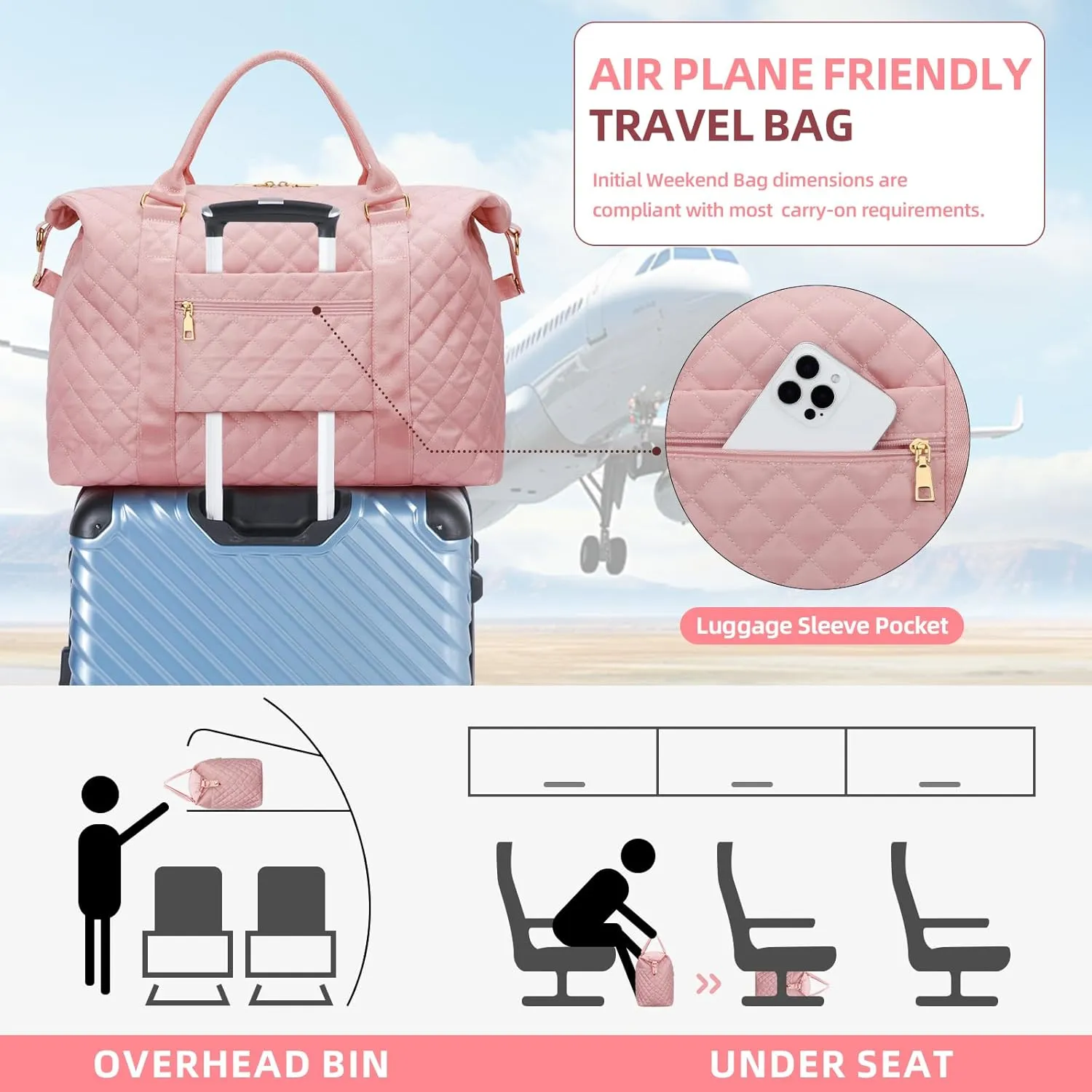 Gift for Women, Initial Travel Duffel ＆ Weekender Bag for Girls, Personalized Carry On Overnight Bag with Makeup Pouch for Gym Hospital(Pink,K)