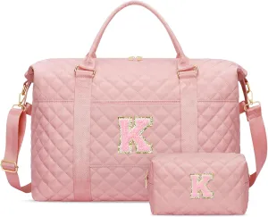 Gift for Women, Initial Travel Duffel ＆ Weekender Bag for Girls, Personalized Carry On Overnight Bag with Makeup Pouch for Gym Hospital(Pink,K)