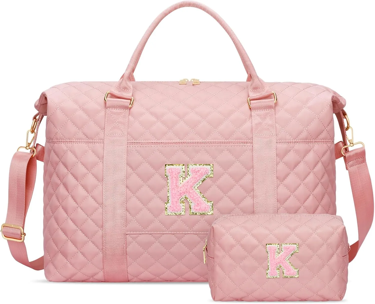 Gift for Women, Initial Travel Duffel ＆ Weekender Bag for Girls, Personalized Carry On Overnight Bag with Makeup Pouch for Gym Hospital(Pink,K)