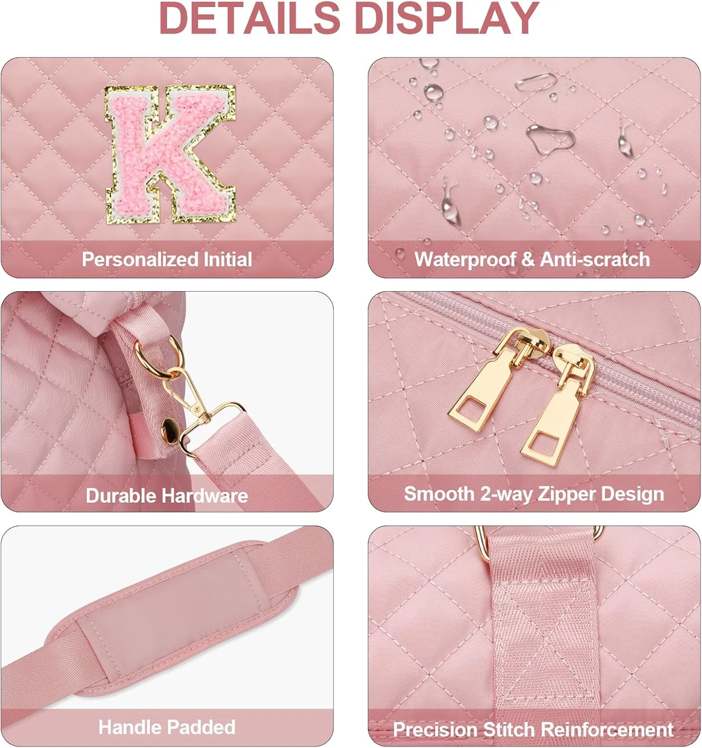 Gift for Women, Initial Travel Duffel ＆ Weekender Bag for Girls, Personalized Carry On Overnight Bag with Makeup Pouch for Gym Hospital(Pink,K)
