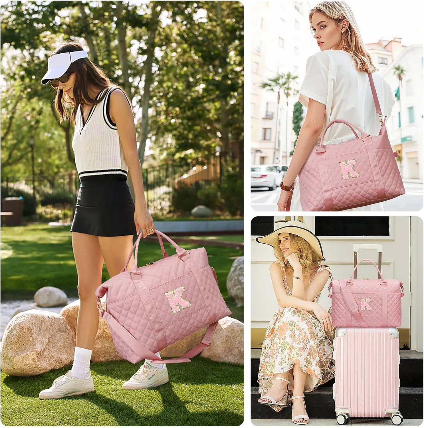Gift for Women, Initial Travel Duffel ＆ Weekender Bag for Girls, Personalized Carry On Overnight Bag with Makeup Pouch for Gym Hospital(Pink,K)