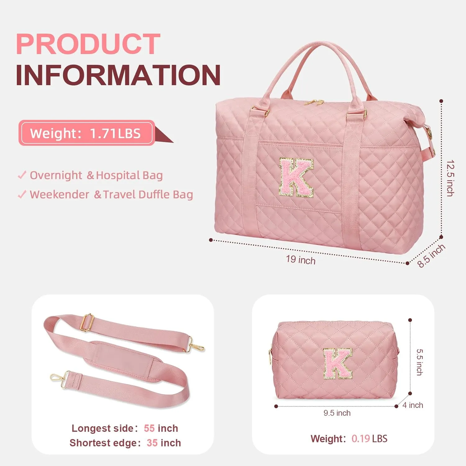 Gift for Women, Initial Travel Duffel ＆ Weekender Bag for Girls, Personalized Carry On Overnight Bag with Makeup Pouch for Gym Hospital(Pink,K)
