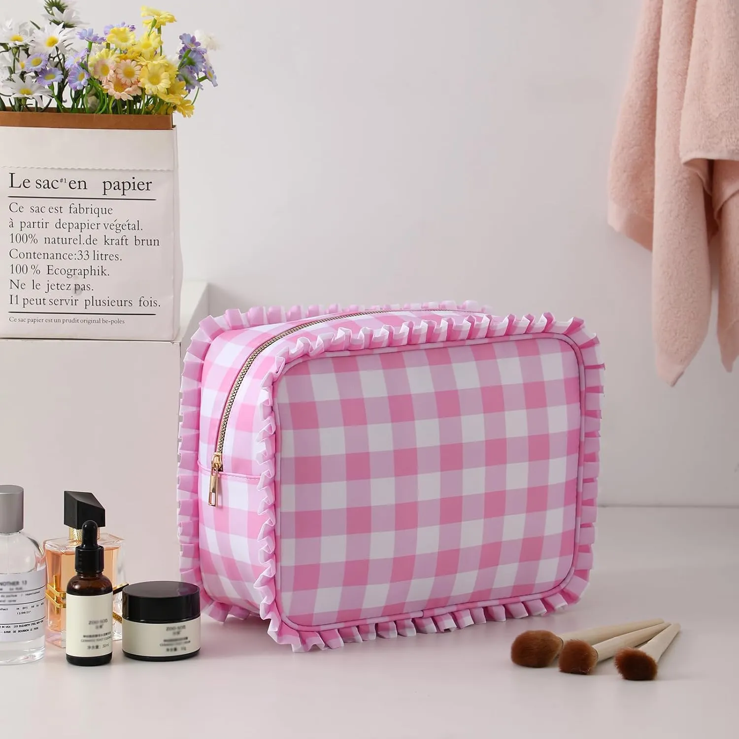 Gingham Ruffle Makeup Bag,Large Travel Cute Cosmetic Bag for Women Girls,Toiletry Bag Make up Organizer (Pink)