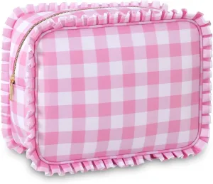 Gingham Ruffle Makeup Bag,Large Travel Cute Cosmetic Bag for Women Girls,Toiletry Bag Make up Organizer (Pink)