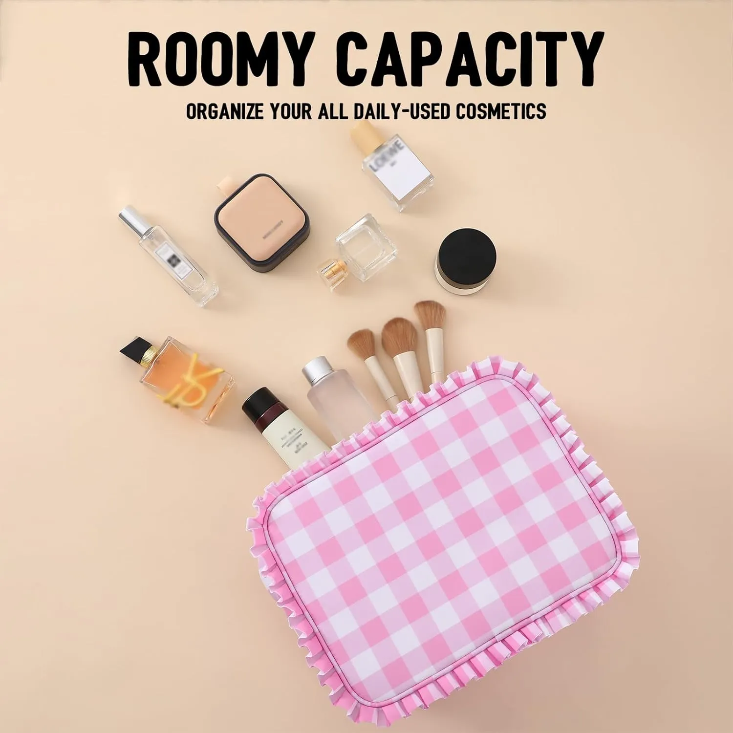 Gingham Ruffle Makeup Bag,Large Travel Cute Cosmetic Bag for Women Girls,Toiletry Bag Make up Organizer (Pink)