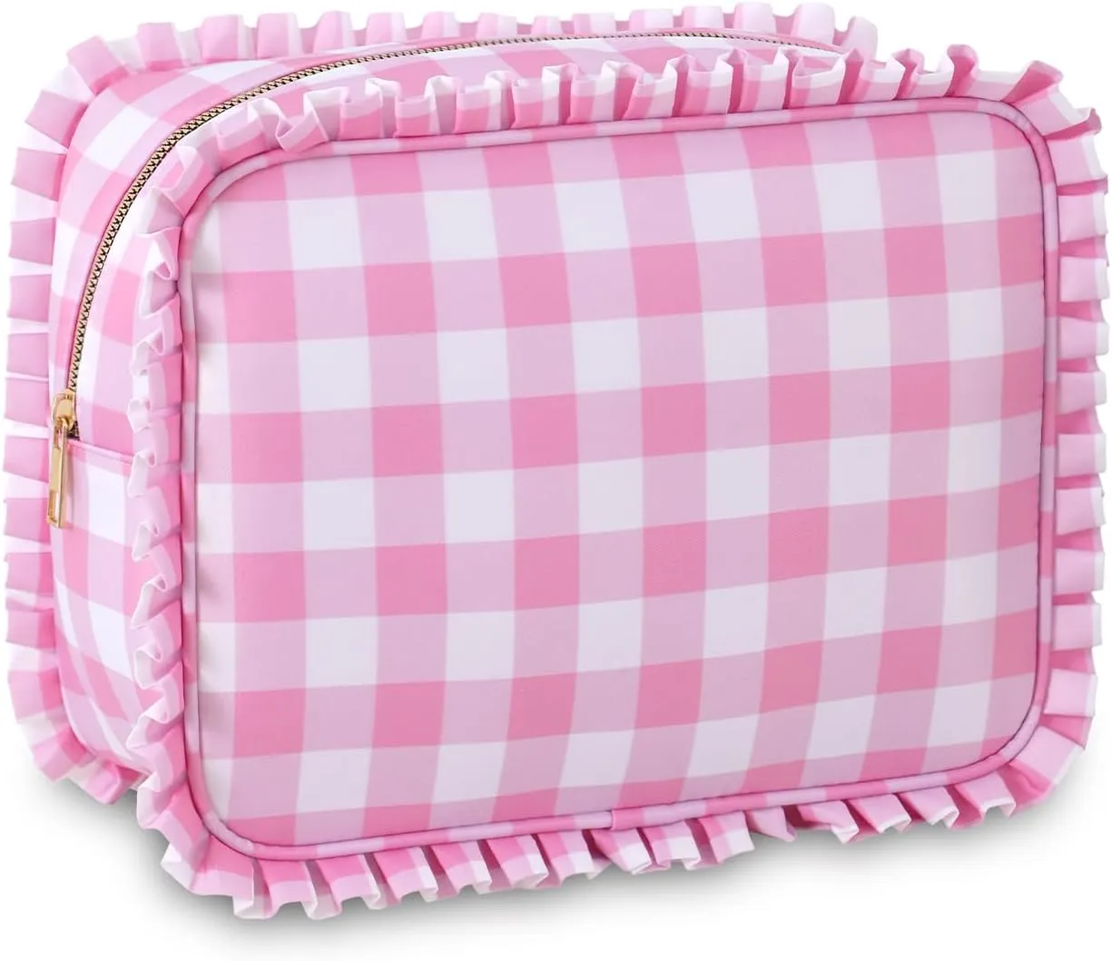 Gingham Ruffle Makeup Bag,Large Travel Cute Cosmetic Bag for Women Girls,Toiletry Bag Make up Organizer (Pink)
