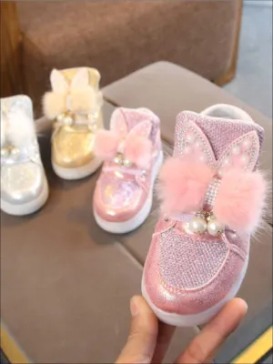 Girls Fur & Bow Trimmed Sparkle Light Up Sneakers By Liv and Mia