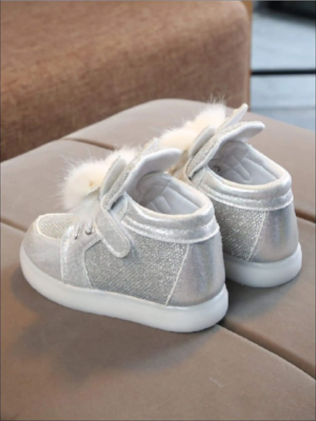 Girls Fur & Bow Trimmed Sparkle Light Up Sneakers By Liv and Mia