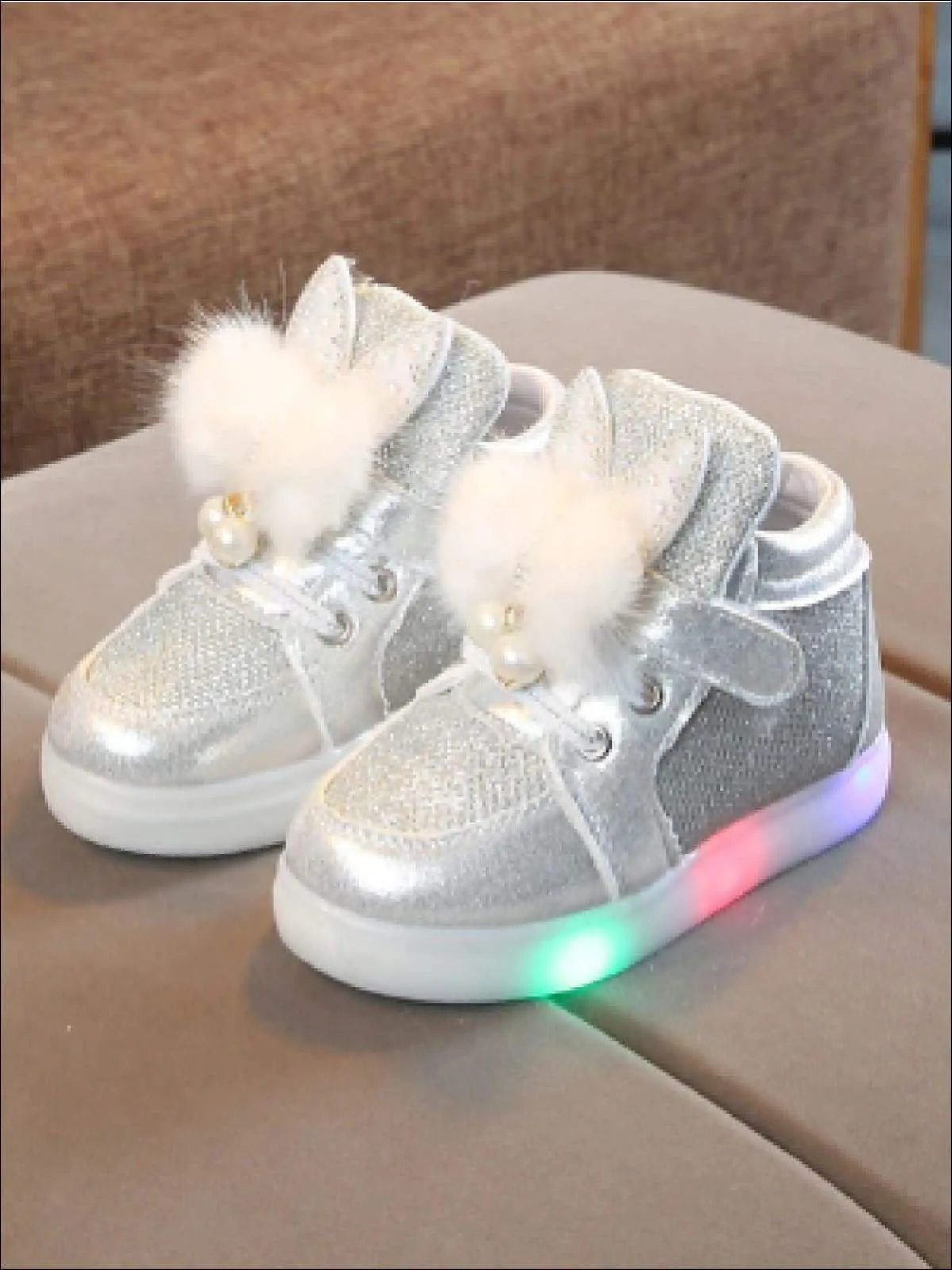 Girls Fur & Bow Trimmed Sparkle Light Up Sneakers By Liv and Mia
