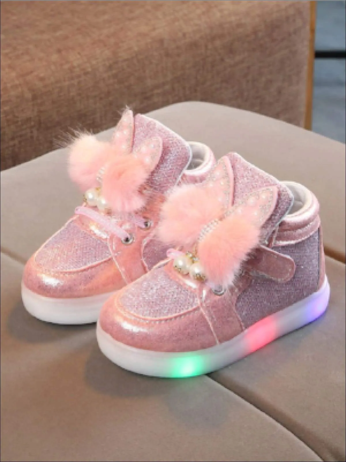 Girls Fur & Bow Trimmed Sparkle Light Up Sneakers By Liv and Mia