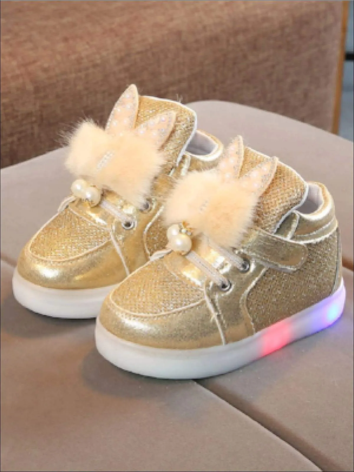 Girls Fur & Bow Trimmed Sparkle Light Up Sneakers By Liv and Mia