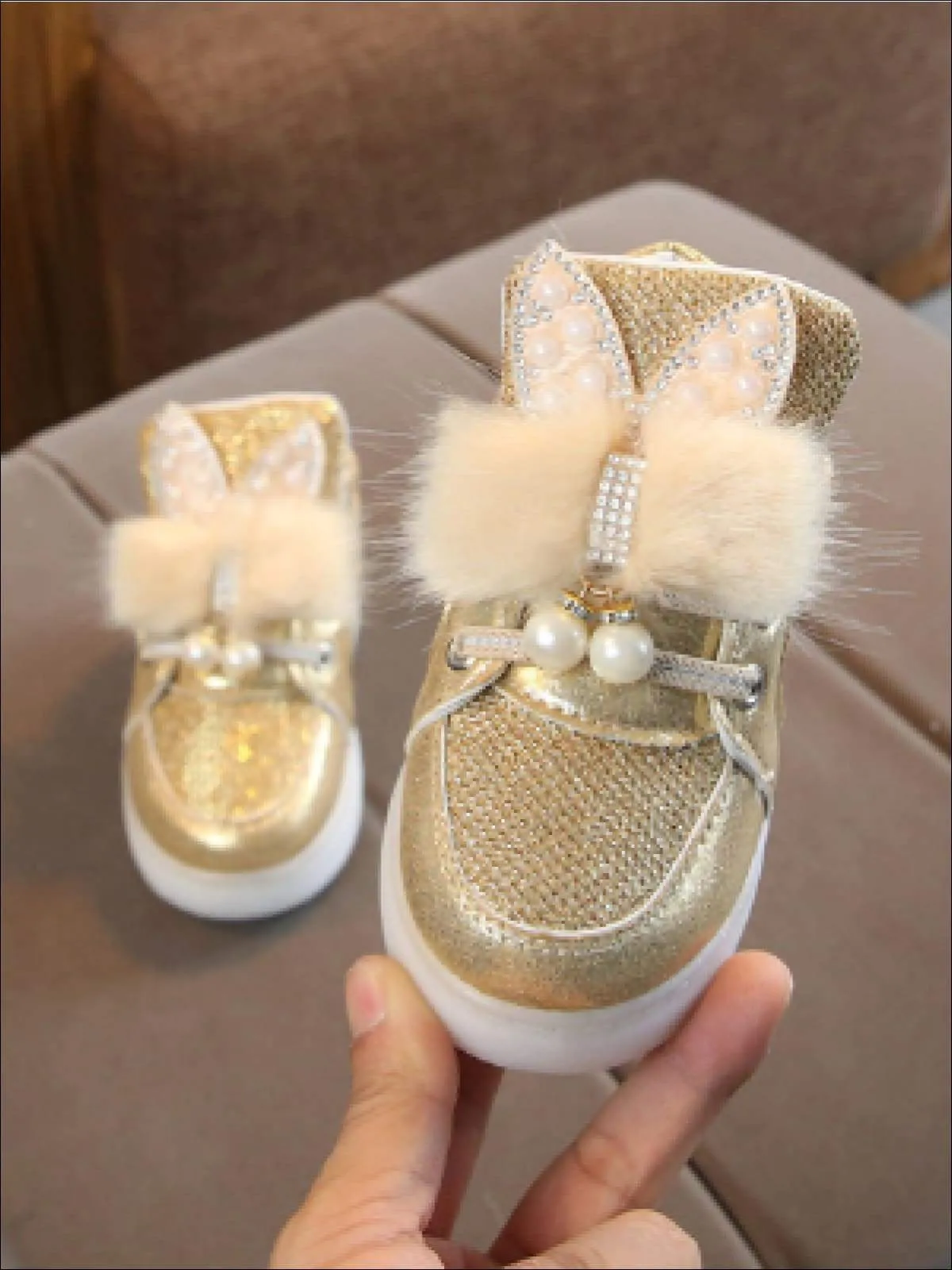 Girls Fur & Bow Trimmed Sparkle Light Up Sneakers By Liv and Mia