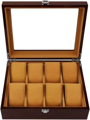 Glass Lid 8 Watch Box Jewellery Display Storage Case Bracelet Tray with 8 Removal Storage Pillows and Glass Top，Lockable Metal Buckle