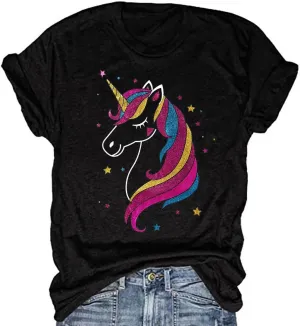 Glitter Unicorn Shirt for Women Funny Short Sleeve Birthday T-Shirt Cute Magical Graphic Tees Tops