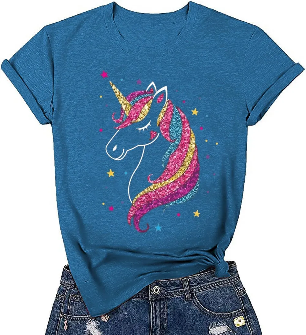 Glitter Unicorn Shirt for Women Funny Short Sleeve Birthday T-Shirt Cute Magical Graphic Tees Tops