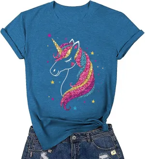 Glitter Unicorn Shirt for Women Funny Short Sleeve Birthday T-Shirt Cute Magical Graphic Tees Tops