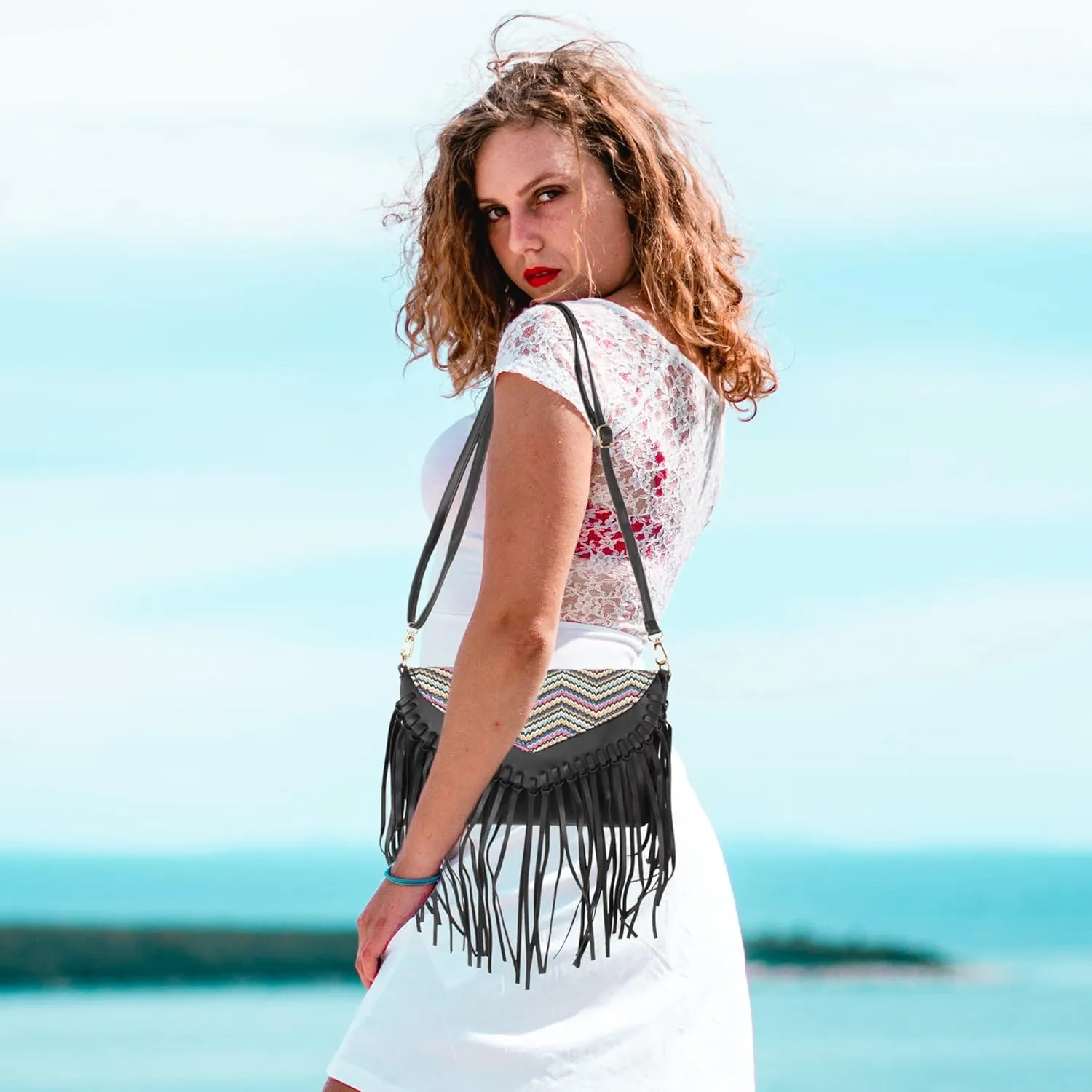Goclothod Women Hippie Fringe Tassel Suede Hobo Shoulder Bag Vintage Messenger Crossbody Handbag