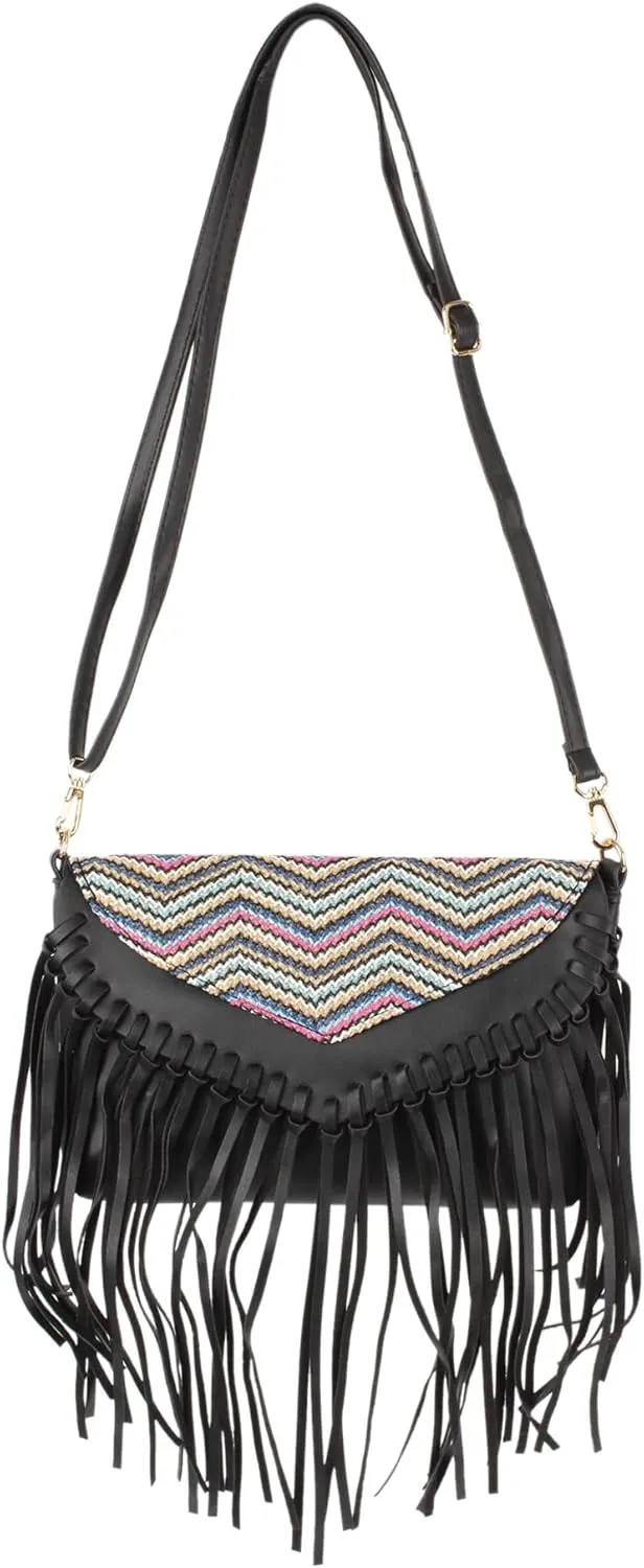 Goclothod Women Hippie Fringe Tassel Suede Hobo Shoulder Bag Vintage Messenger Crossbody Handbag