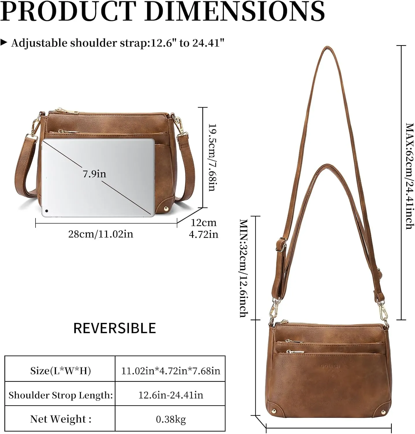 GOIACII Crossbody Bags for Women Medium Size Ladies Retro Satchel Purse with Multi Zipper Pockets Soft Leather