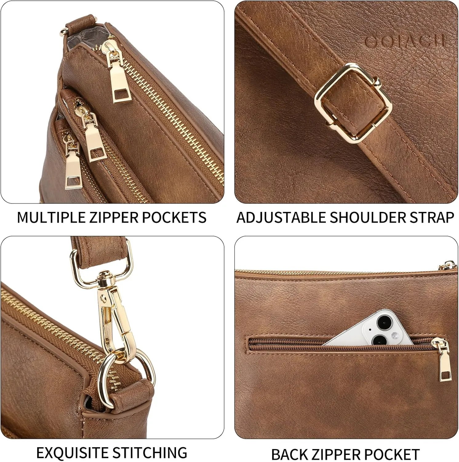GOIACII Crossbody Bags for Women Medium Size Ladies Retro Satchel Purse with Multi Zipper Pockets Soft Leather