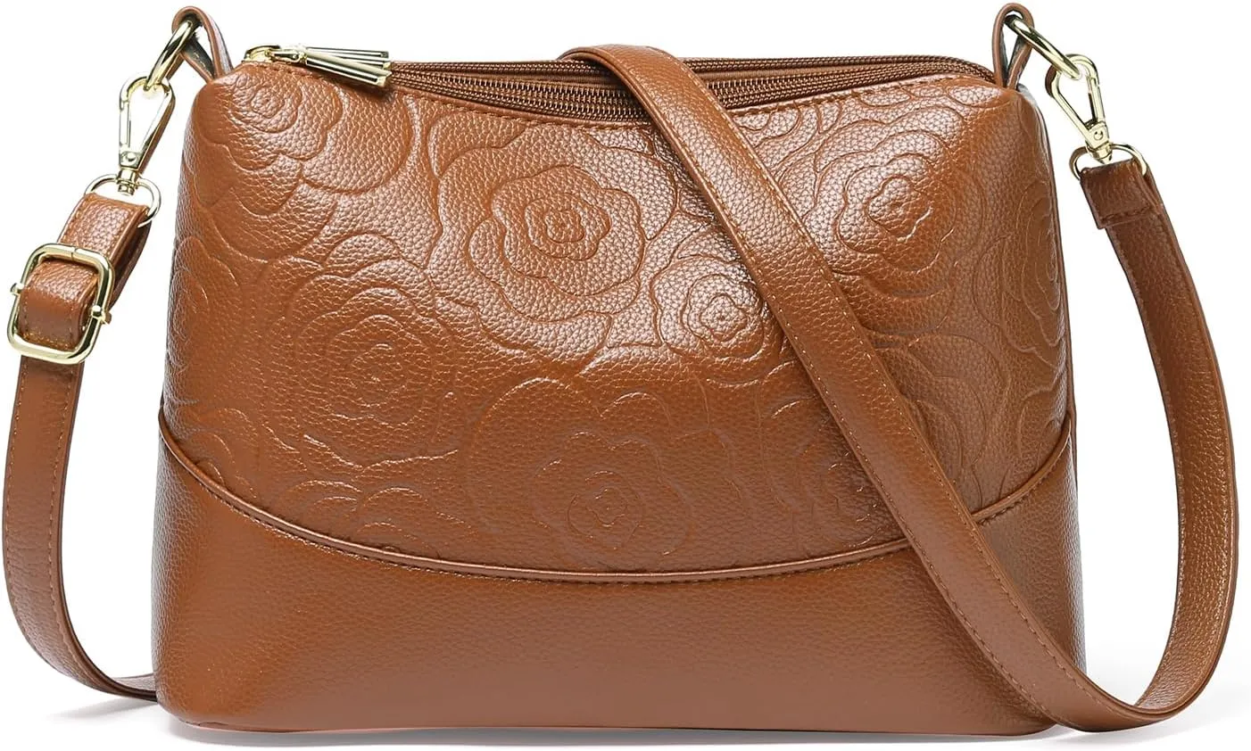 GOIACII Crossbody Bags for Women Medium Size Ladies Retro Satchel Purse with Multi Zipper Pockets Soft Leather