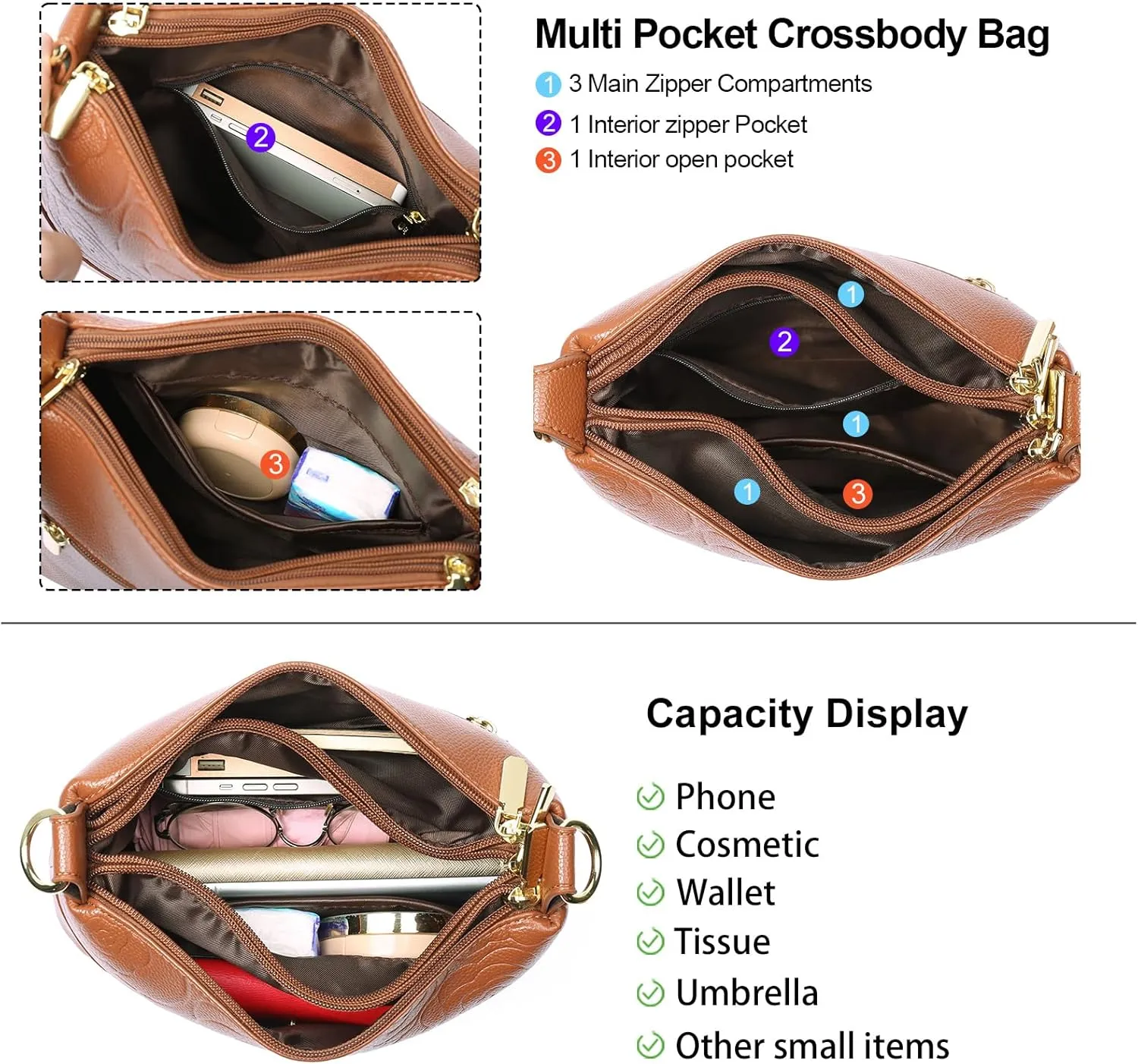 GOIACII Crossbody Bags for Women Medium Size Ladies Retro Satchel Purse with Multi Zipper Pockets Soft Leather