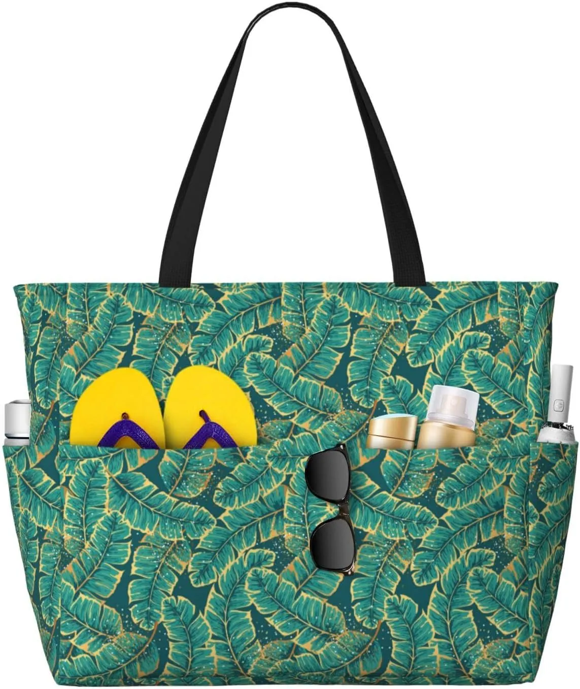 Gold and Green Tropic Leaves Large Beach Tote Bag for Women Extra Large Capacity Waterproof Sandproof Pool Bag Suitable for Gym Swimming Pool Travel Groceries