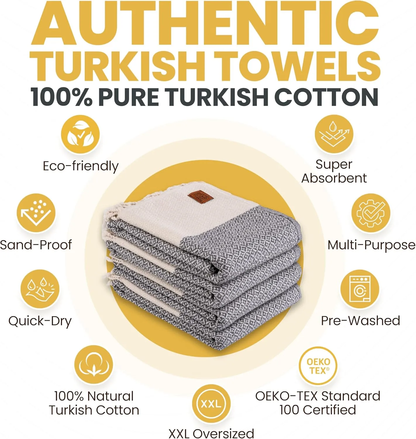 Gold CASE Turkish Beach Towel Set of 4 – 100% Cotton Large Turkish Bath Towels 67 x 38'' – Aphrodite Extra Large, Quick Dry & Sand Free Towels – Peshtemal for Pool – Grey