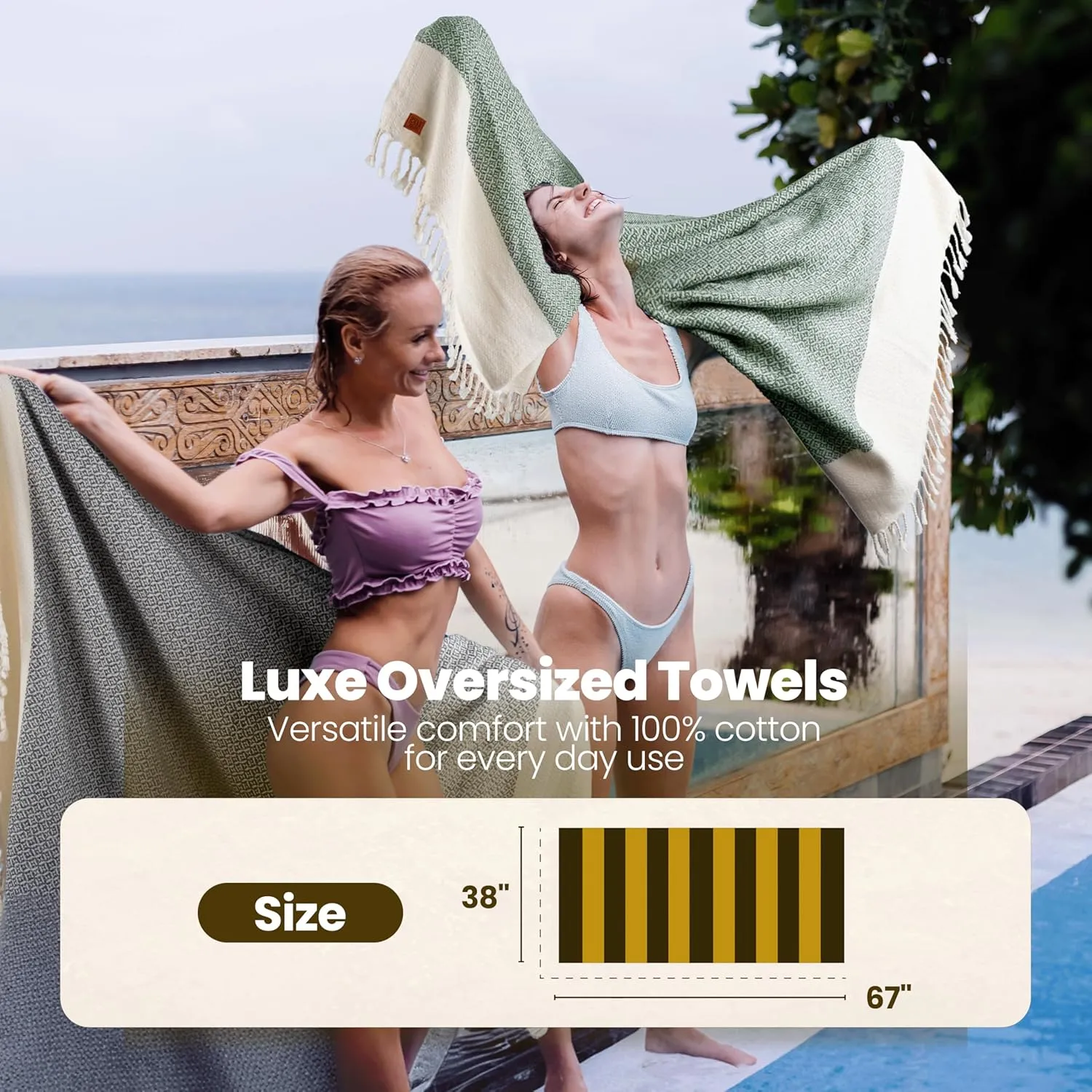 Gold CASE Turkish Beach Towel Set of 4 – 100% Cotton Large Turkish Bath Towels 67 x 38'' – Aphrodite Extra Large, Quick Dry & Sand Free Towels – Peshtemal for Pool – Grey