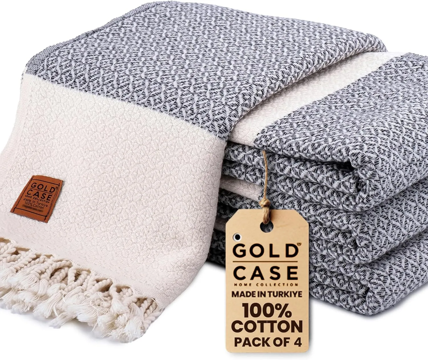 Gold CASE Turkish Beach Towel Set of 4 – 100% Cotton Large Turkish Bath Towels 67 x 38'' – Aphrodite Extra Large, Quick Dry & Sand Free Towels – Peshtemal for Pool – Grey
