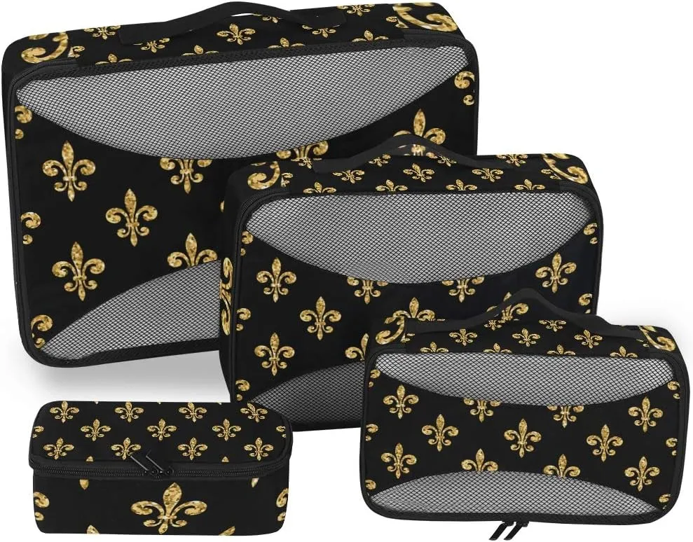 Golden Fleur-De-Lis Floral Black Travel Organizer Packing Cube Set of 4 Pcs Luggage Organizer Suitcase Storage Bag for Travel Business Camping Hiking Accessory