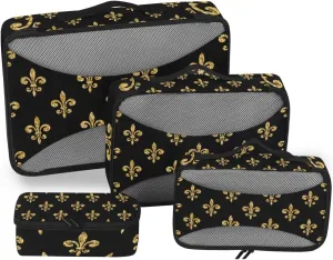 Golden Fleur-De-Lis Floral Black Travel Organizer Packing Cube Set of 4 Pcs Luggage Organizer Suitcase Storage Bag for Travel Business Camping Hiking Accessory