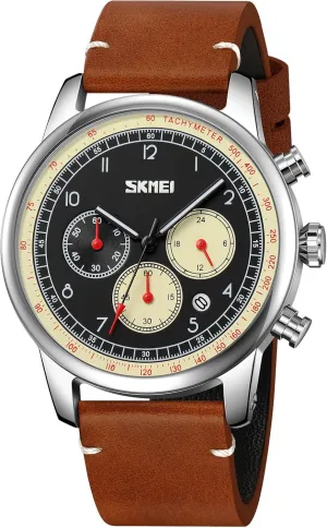 Gosasa Business Mens Watch Chronograph Fashion Quartz Watches for Men Date Leather Strap Luminous Casual Male Wristwatch Waterproof (Brown Yellow)