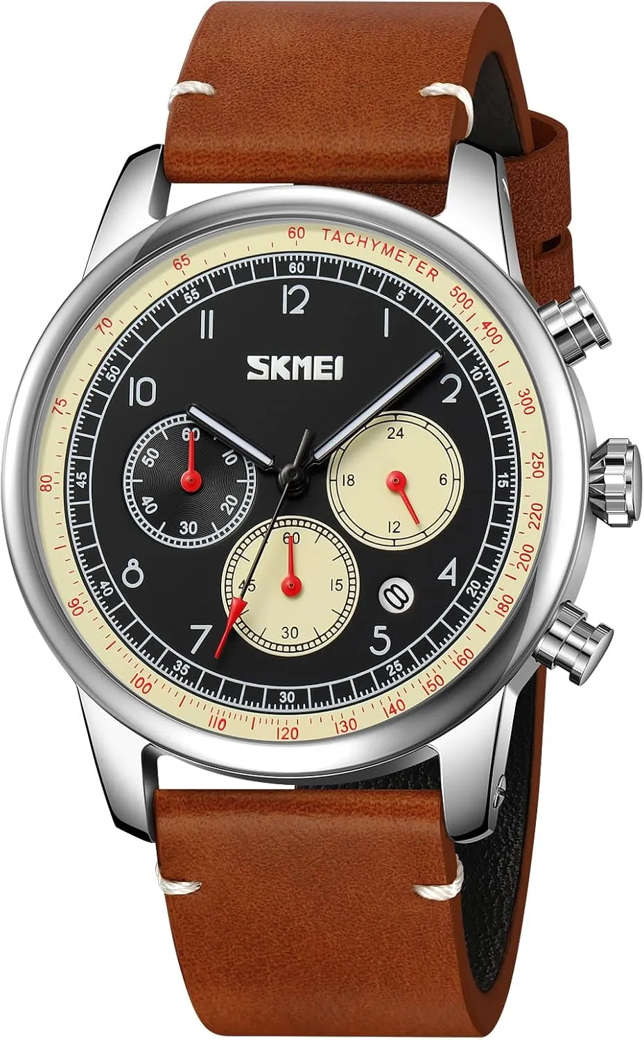Gosasa Business Mens Watch Chronograph Fashion Quartz Watches for Men Date Leather Strap Luminous Casual Male Wristwatch Waterproof (Brown Yellow)