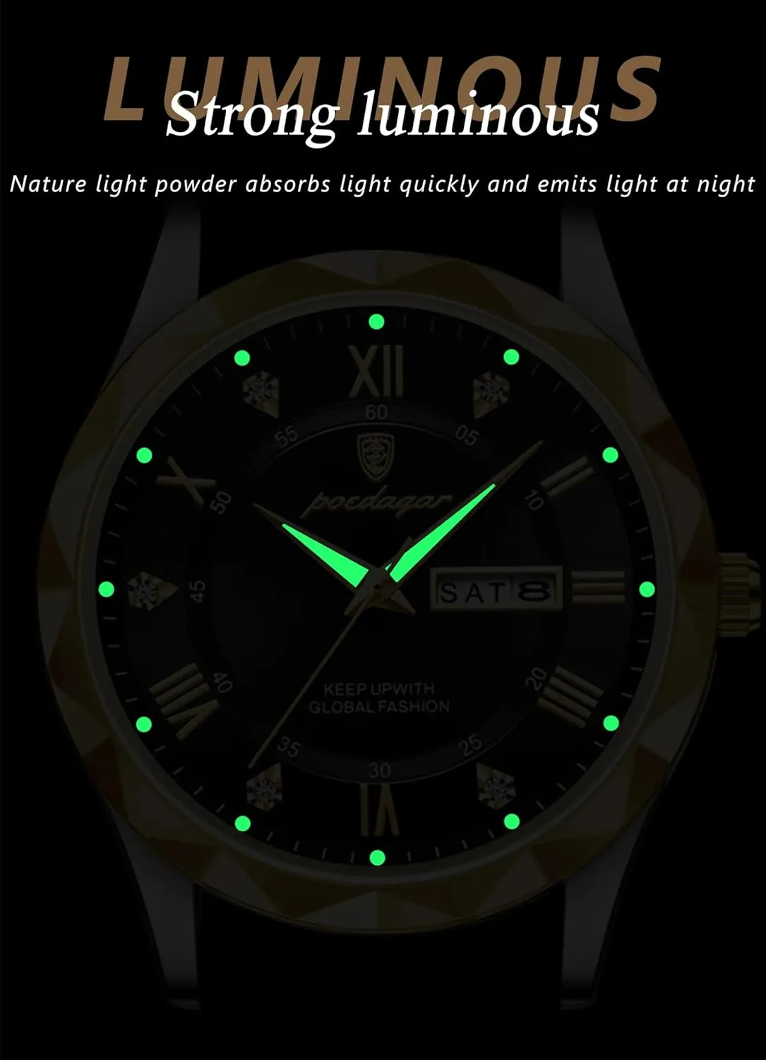 Gosasa Fashion Men's Business Casual Quartz Luminous Waterproof Date Wristwatch with Leather Strap