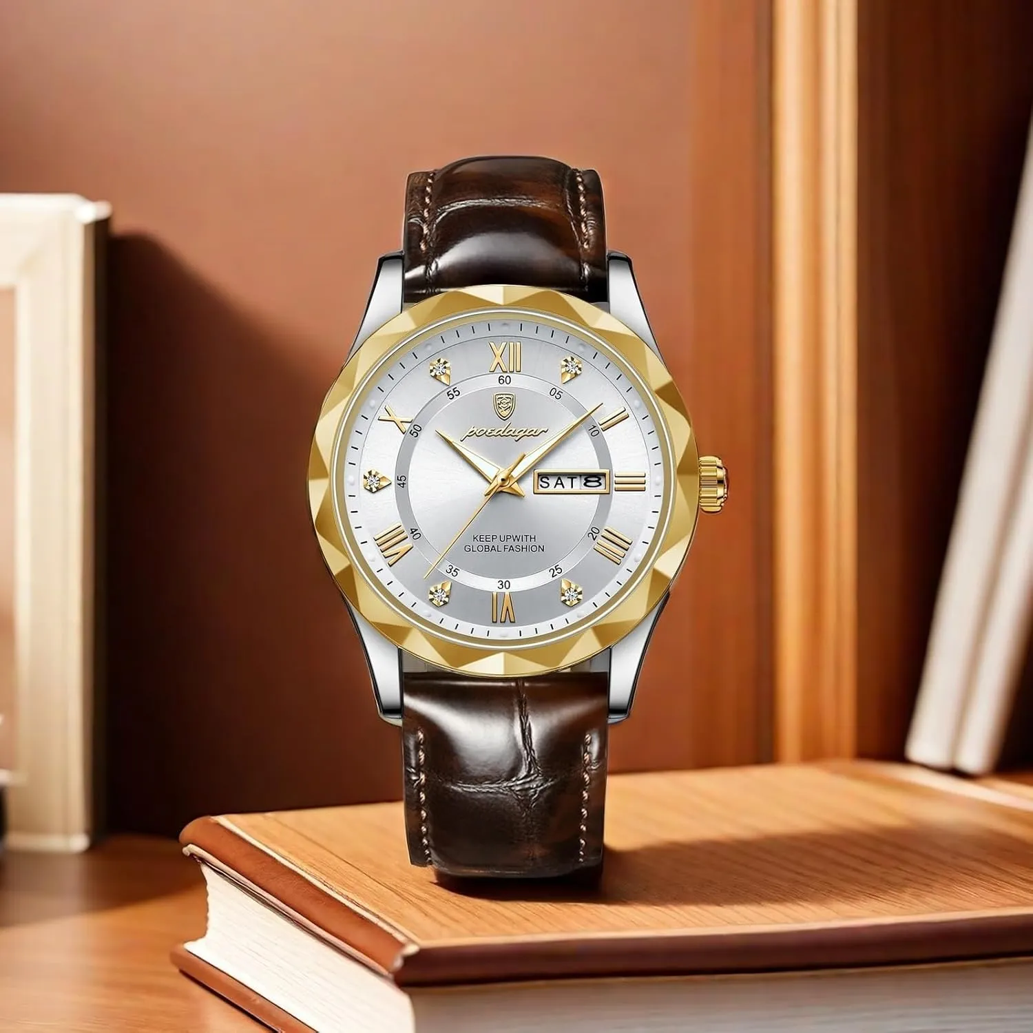 Gosasa Fashion Men's Business Casual Quartz Luminous Waterproof Date Wristwatch with Leather Strap
