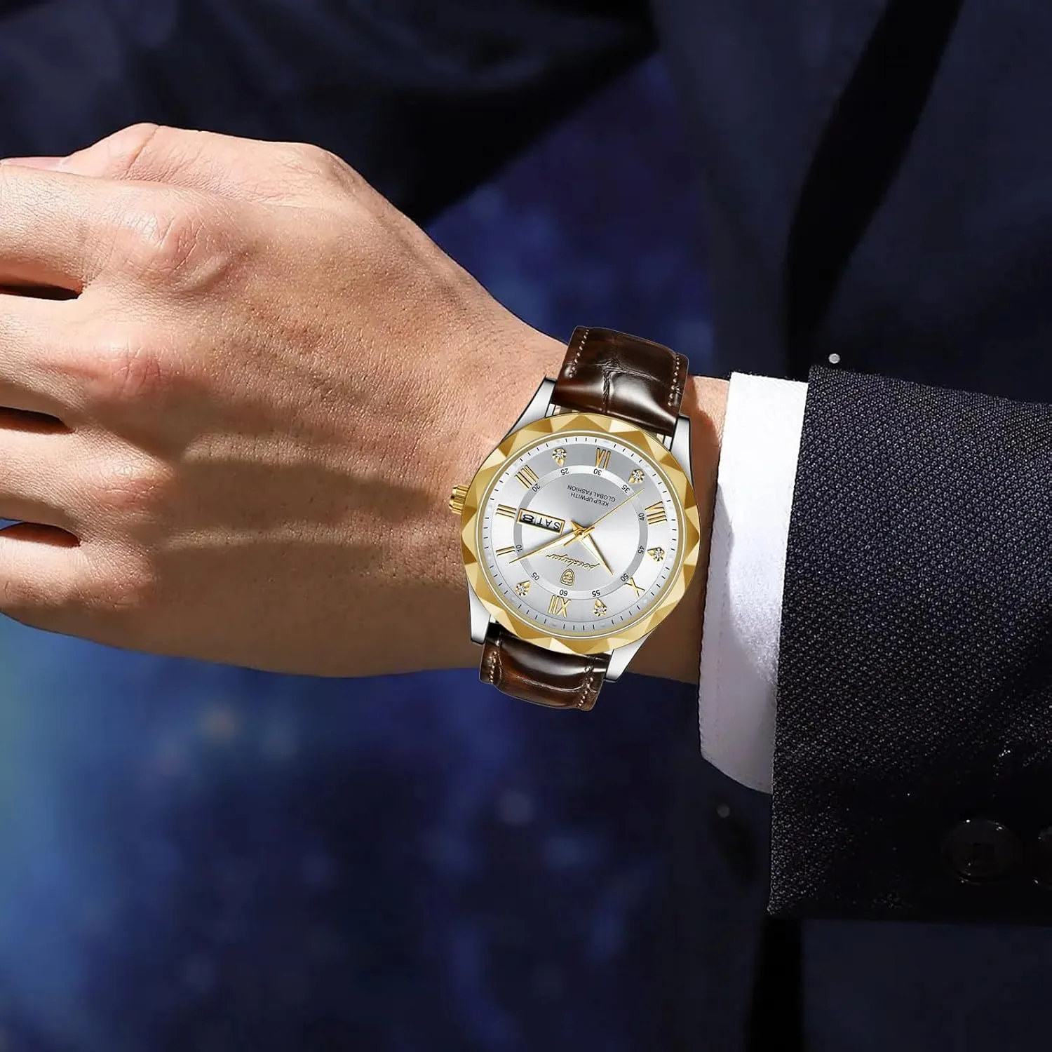 Gosasa Fashion Men's Business Casual Quartz Luminous Waterproof Date Wristwatch with Leather Strap